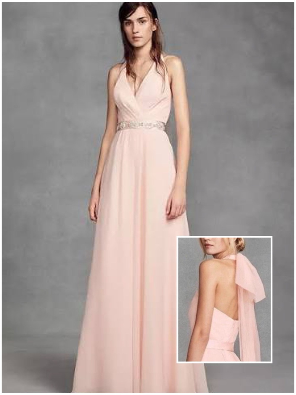 DAVID’S BRIDAL 🎀 Vera Wang 🎀 Long Chiffon Bow Halter Dress in BLUSH